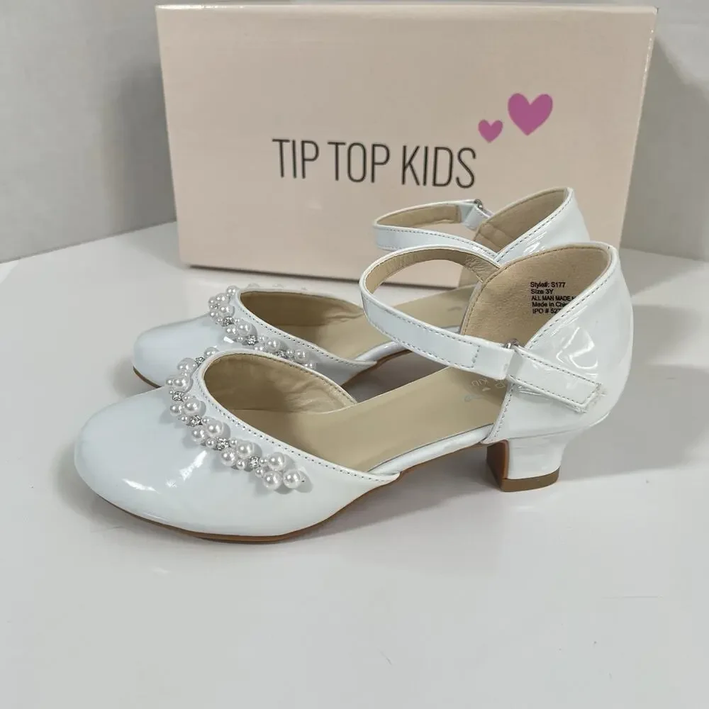 Tip Top Kids White Patent Mary Jane Shoes - Rhinestone Strap - Girls Size 3Y NEW